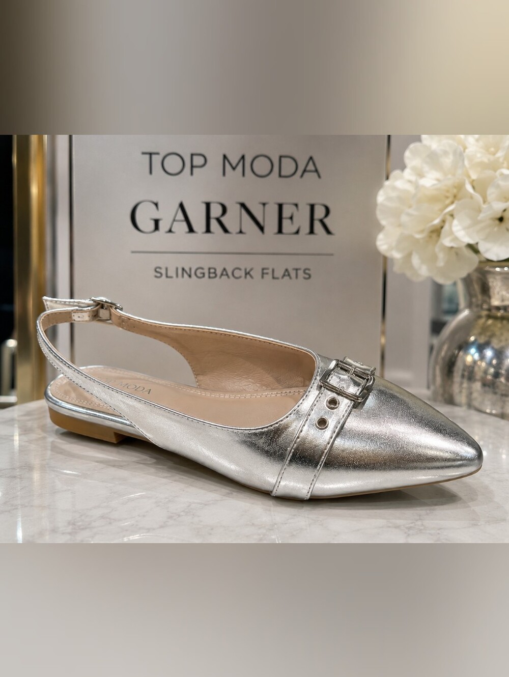 TOP Moda 'Garner' Metallic Silver Buckle Slingback Flats
